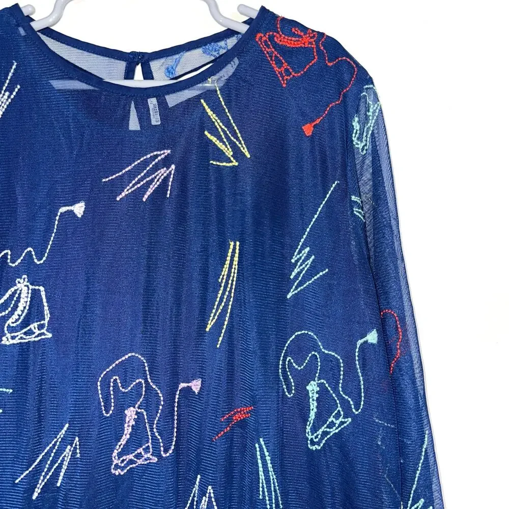 Stella McCartney Kids Girls Navy Blue Embroidered Skates Tulle Dress Size 12